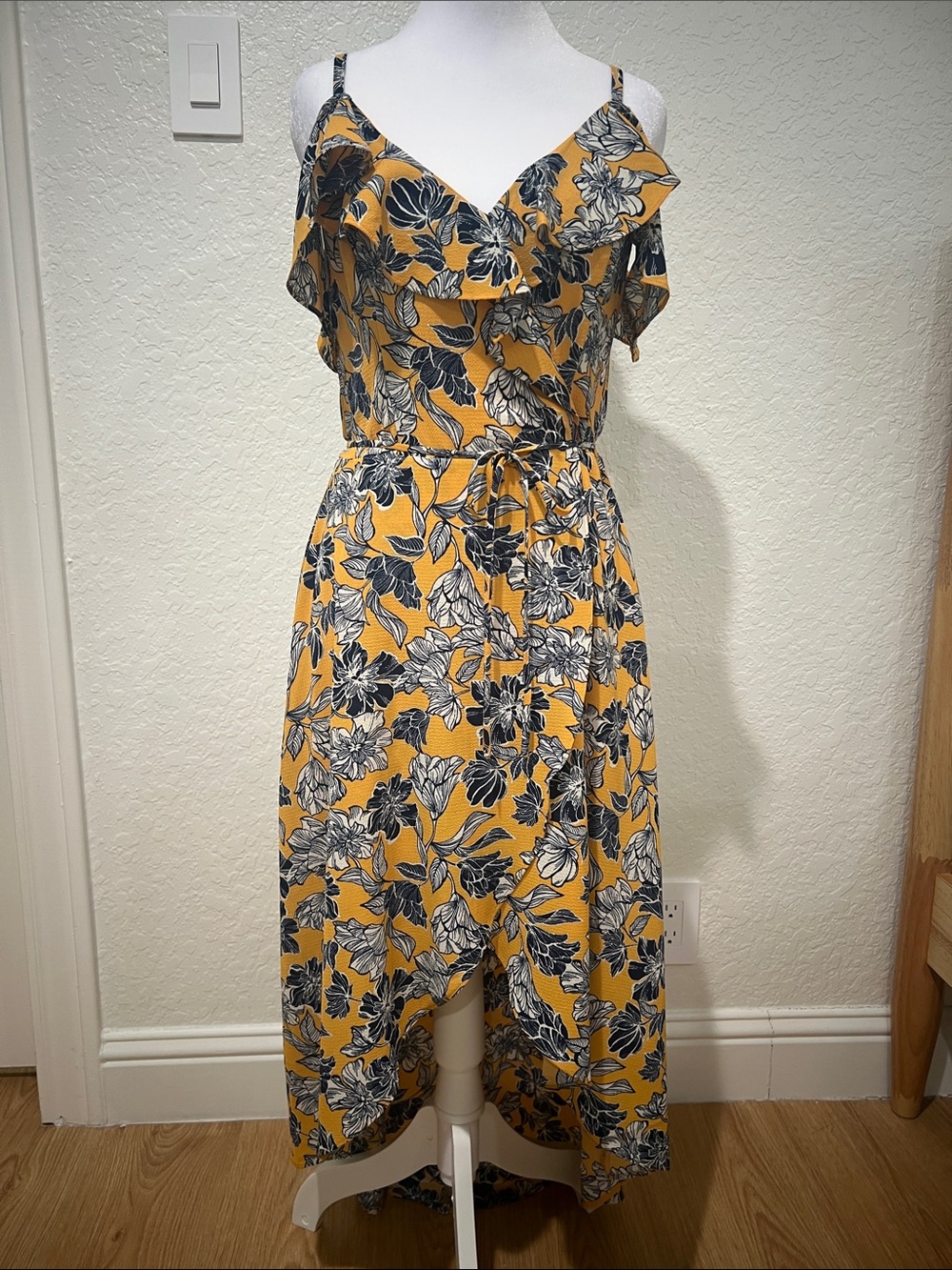 Iz Byer Mustard Floral High-Low Ruffle Midi Dress
